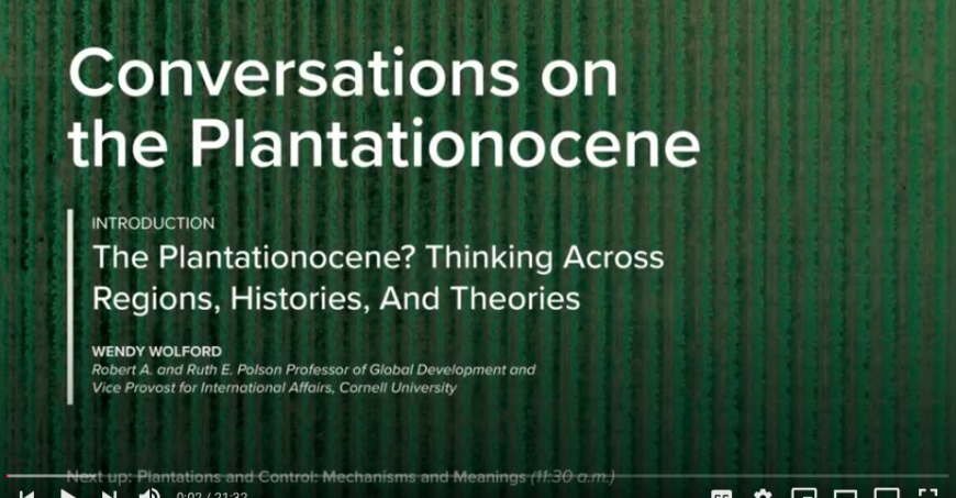 Slide that says Conversations on the Plantationocene with an overhead view of crops as a background.
