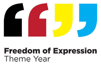 Quote marks in black, magenta, yellow, and cyan with Freedom of Expression Theme Year written underneath. 