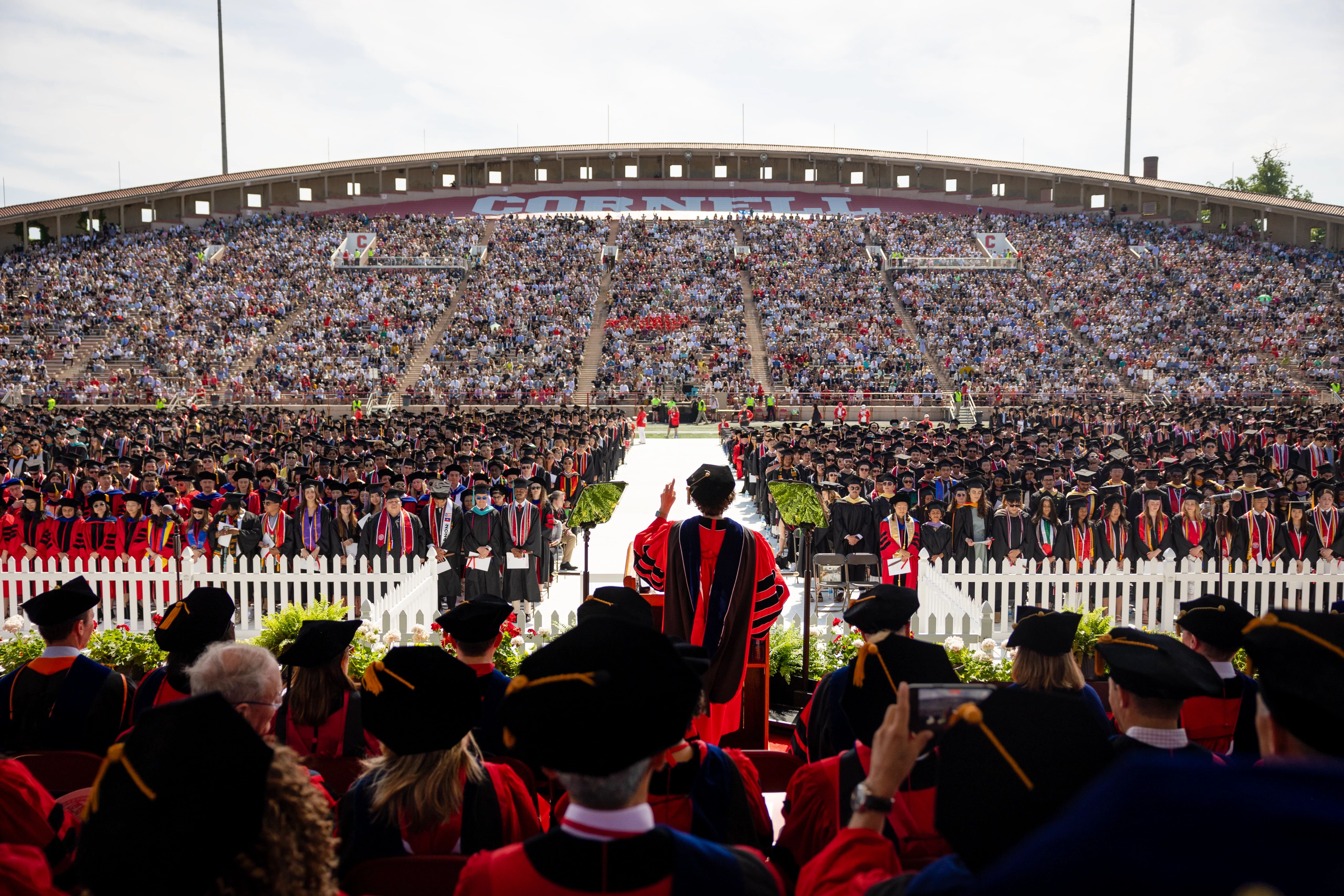 President Martha Pollack speaks to a full crowd at 2024 commencement.