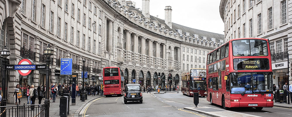 London street scene with double-decker buses