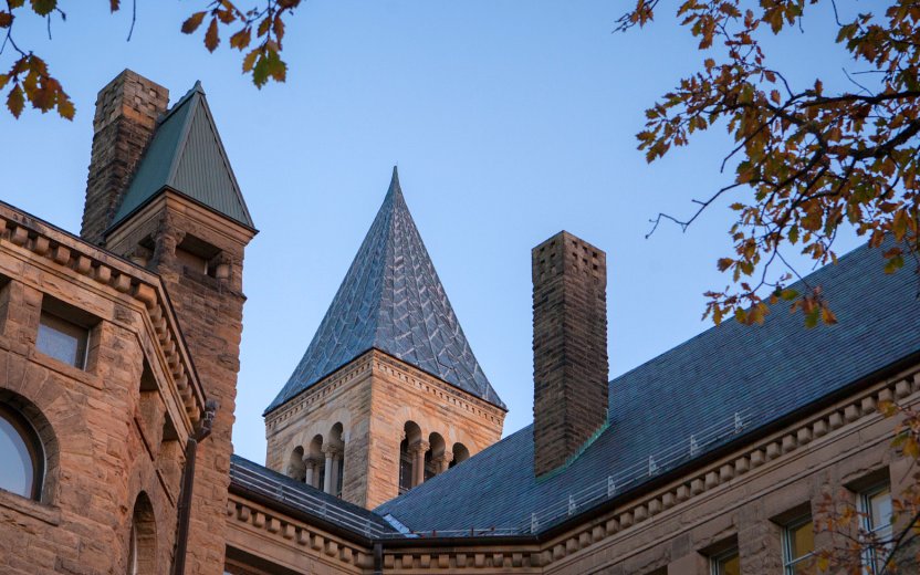 Looking up at Cornell buildings.