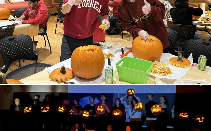 Two stacked photos, on top are two students carving pumpkins, on bottom is a group of students showing their lighted Jack-O-Lanterns in a darkened room. 