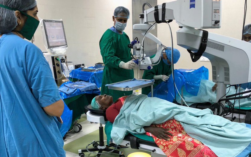 A medical procedure to work on patient's cataract.
