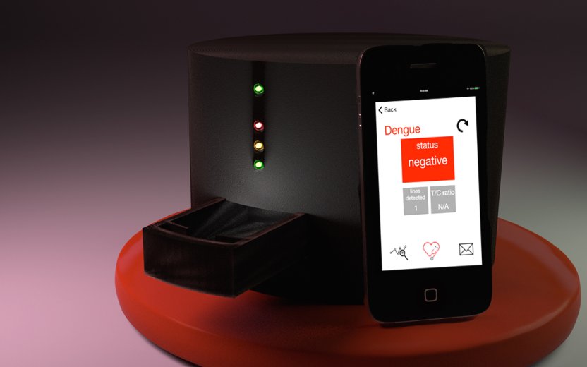 FeverPhone smartphone leaning on black box that powers app