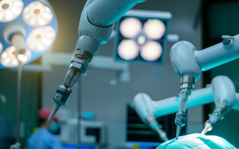 Robotic arms in surgical setting.