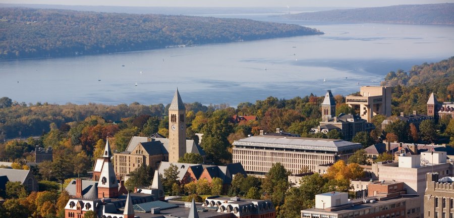Aerial view of campus and Cayuga Lake.