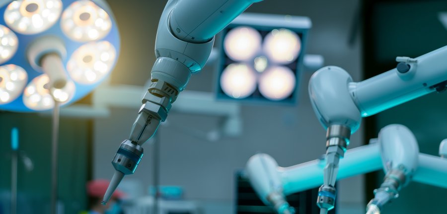 The arm of a robotic tool in a hospital surgical room.
