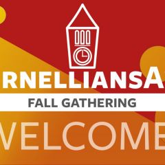 Orange and red graphic that says #CornelliansAway, Fall Gathering, Welcome.