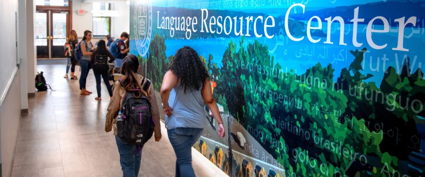 Two students working by a wall that has a posterized view of Cornell and says Language Resource Center.
