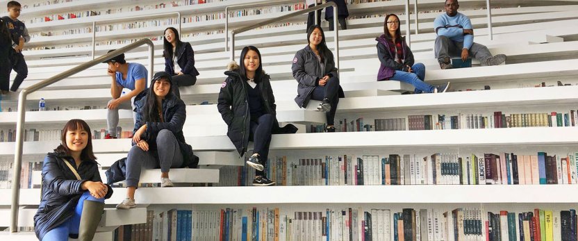 Students lounging on steps