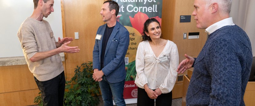Kalaniyot fellow Ohad Shalom; Benjamin Houlton, dean of the College of Agriculture and Life Sciences; fellow Eden Eran Nagar; and Peter John Loewen, dean of the College of Arts and Sciences at the Kalaniyot reception.