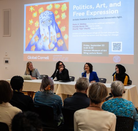 Panel sitting in front of audience. 