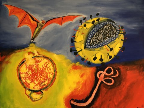 Illustration of bat and viruses by Armando Pacheco