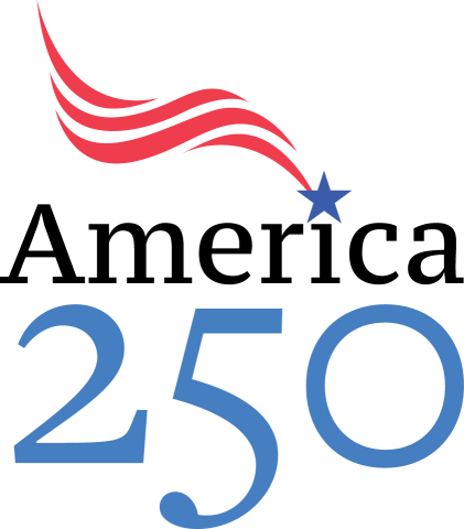 America 250 graphic with 250 in blue and flag-like decoration in red.