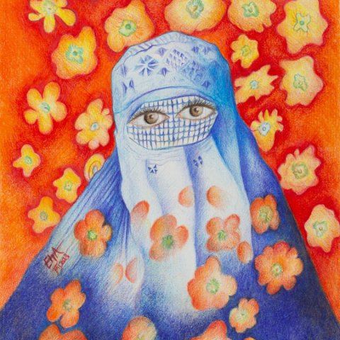 Colorful painting of a women wearing a headscarf with her eyes showing.