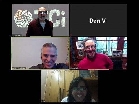 Screenshot of five blocks on a Zoom calls, three men, one woman and one black square with Dan V written