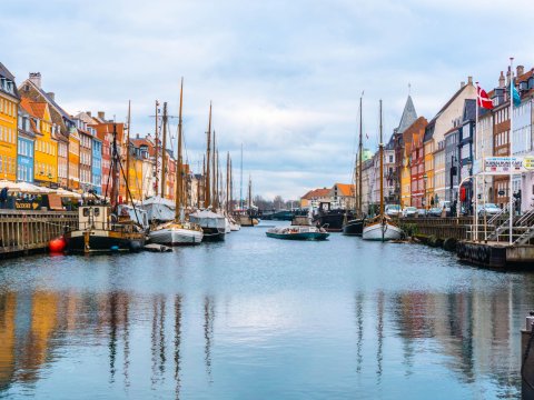 Boats docked on Copenhagen, Denmark waterfront