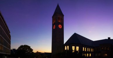 Sunset view of the clock town with a purple sky as the backdrop