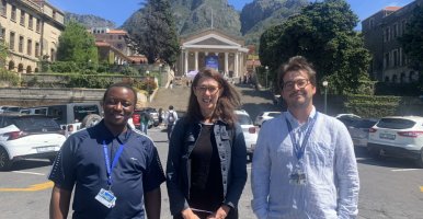 Eric Ndikum, Wendy Wolford, and Diego Quiros outside at Cape Town University.