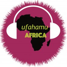 Graphic of headset around Africa in a burgundy burst with text that reads Ufahamu Africa. 
