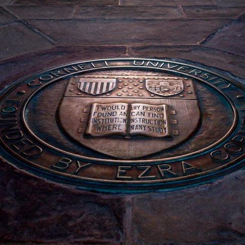 The bronze university seal embedded in the floor.