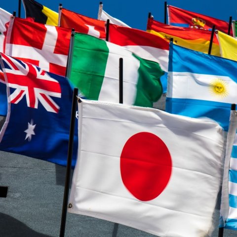 Flags from different countries with Japan in the front.