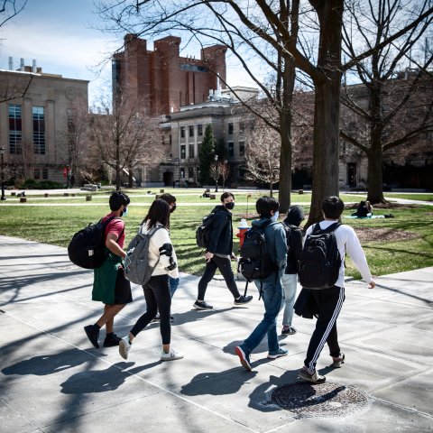 Group of international students walking on Cornell campus