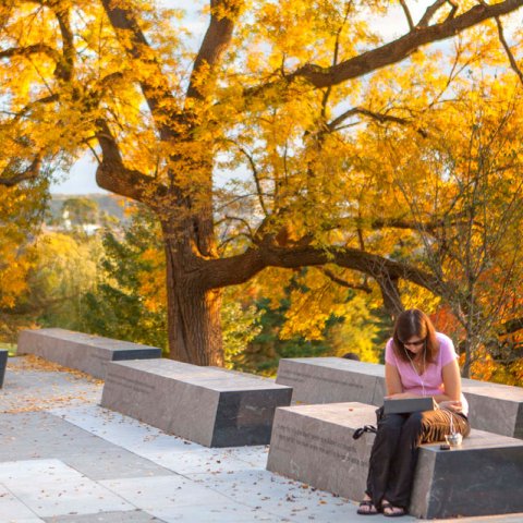 Woman sitting on a bench on Cornell campus in fall