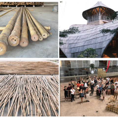 A grid of four images what show bamboo being used in different ways and one of the students. 