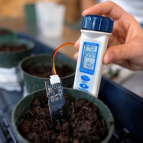 A pair of sensors measure the electrical conductivity in a plant or compost pile’s leachate (the liquid collected from the soil) as well as the soil’s moisture level.